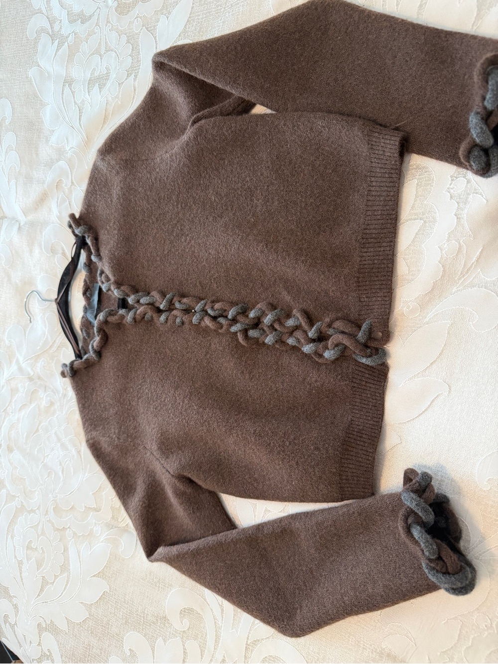 Zara Brown Braided-Trim Knit Cardigan